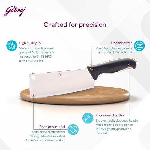 Image of Godrej Locks Cartini | Cleaver Knife (Black) | Chopping and Splitting Bones Efficiently | Chaku for Home, Kitchen and Professional Chef Use | SS Hollow Ground Blade | Ergonomic Handle|Stainless Steel