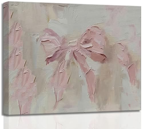 3D Textured Trendy Pink Bow Canvas Wall Art Vintage Cute Preppy Watercolor Bow Painting Pictures Wall Decor Posters Prints Girly Aesthetic for College Apartment Bedroom Decoration