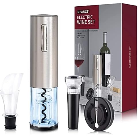 Elektrisches Weinflaschenöffner-Set Ezbasics wiederaufladbar automatischer Korkenzieher enthält Folienschneider Vakuumstopfen Weinbelüfter Ausgießer für Weinliebhaber USB-Ladekabel 4 in1-Geschenkset Cover