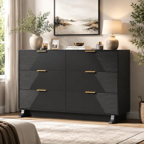 Image of Gyfimoie 47.24 inch Wide Dresser for Bedroom, 6 Drawer Black Dresser with Fluted Design & Gold Metal Handle, Chest of Drawers with Sturdy Base, Wood Dressers for Bedroom, Living Room, Hallway