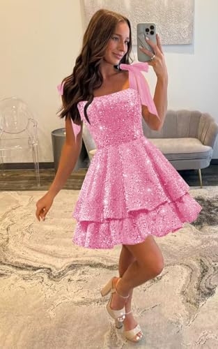 TORYEMY Sequin Short Homecoming Dresses with Bow Tiered Spaghetti Straps Sparkly Cocktail Party Dresses for Teens4