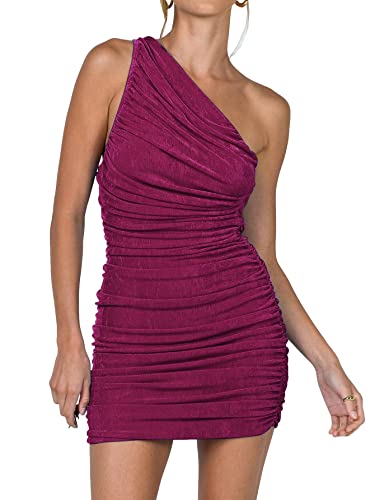 Image of LYANER Women's Sexy One Shoulder Ruched Sleeveless Bodycon Mini Short Dress