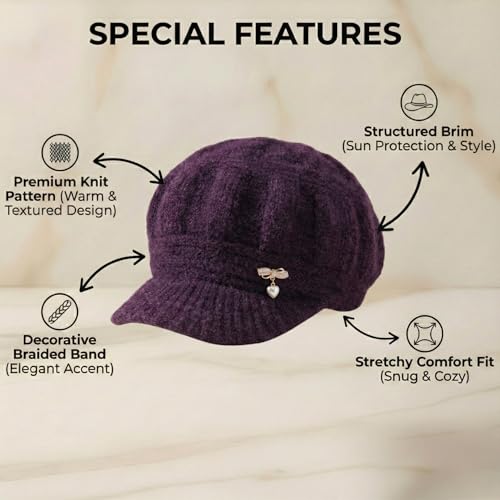 Image of Kraptick Women's Winter Knit Visor Beanie Hat with Soft Fleece Lining, Stylish Woollen Slouchy Warm Cap for Ladies, Snow Sun Shield Knit Cap for Winter -2