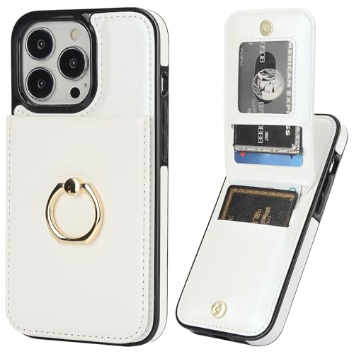 KIHUWEY for iPhone 13 Pro Wallet Case Card Holder Ring, White
