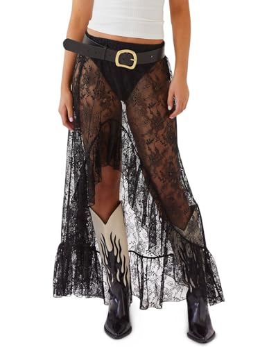 Cicy Bell Womens Lace Maxi Skirt Summer High Low Asymmetrical Sheer Y2K Sexy Beach Cover-up Long Skirts