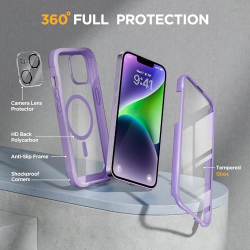 Image of Miracase Magnetic for iPhone 14 Case 6.1 inch, [Built-in Tempered Glass Screen Protector + Lens Protector] [Compatible with MagSafe] Full-Body Protective Bumper 14 Phone Cover, Purple