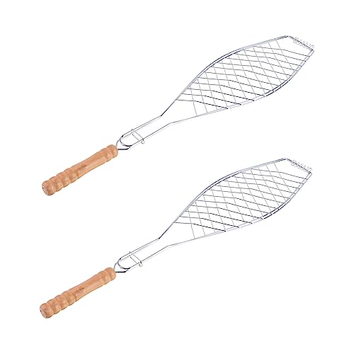 Toddmomy 2Pcs Metal Non Stick Bbq Fish Basket with Wooden Handle Durable Grilling Tool for Outdoor Bbq Camping and Picnics for Fish Steaks and Veggies