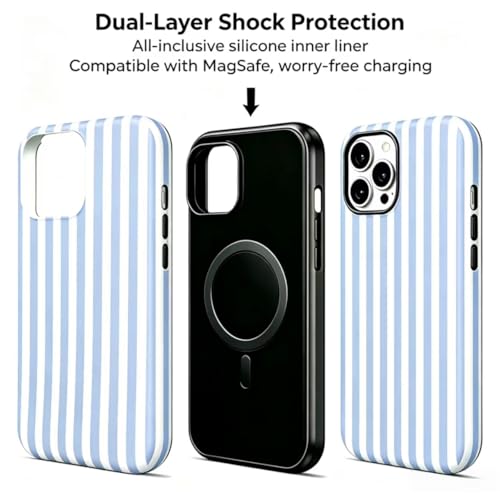 Image of for iPhone 13 /14 Case Cute Phone Case,Compatible with MagSafe,Dual Layer Shockproof Protective Phone Cover,Hard Shell + Silicone Cover,Fashion Design for Women Girls,Striped Blue