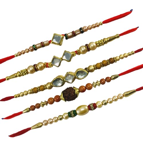 THE OPAL FACTORYCasting Kundan Rakhi for Brother Bhabhi Kids/Rakhi gift for Sister/Rakhi Combo/Bhaiya Bhabhi Rakhi Set Of 5., M, Raw Yarn and Beads