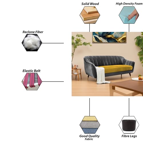 Image of Casaliving Anyse 3 Seater Sofa Set for Living Room (Black Yellow Fabric) Premium Fabric Sofa