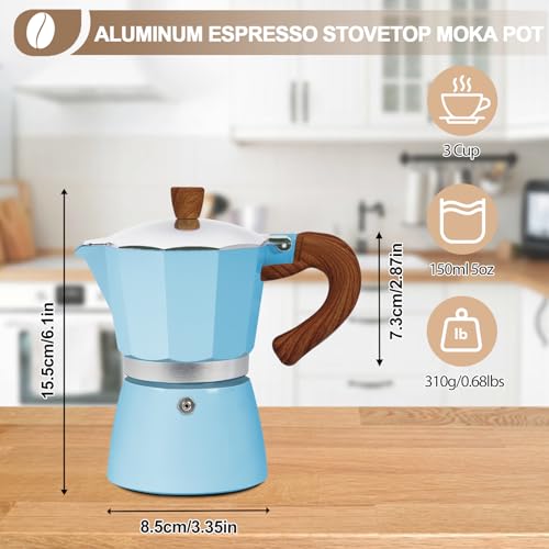 Image of Aluminum 3 Cup 150ml Moka Pot Express Coffee Maker Stovetop Espresso Colorful Coffeemaker Italian Classic Style Brewing Greca Cafe Mocha Machine for Cafeteras Lover Camping Travel and Home Use 5oz