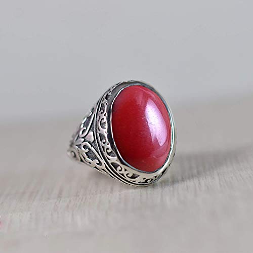 Red Coral Silver Ring, 925 Sterling Silver, Cab Oval, Handcrafted Jewelry For Men, Men's Filigree Ring, Unique Design, Gift For Boys, Man's Red Gemstone Ring, Birthday Gift, Size 5-14