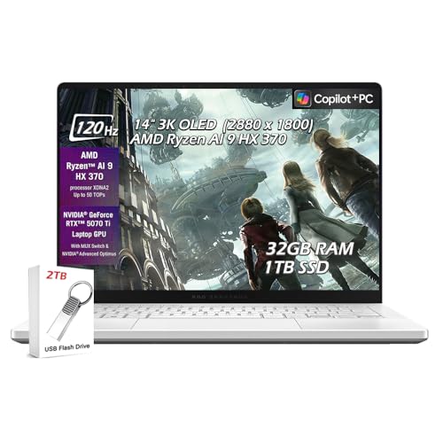 Image of ASUS ROG Zephyrus G14 Gaming Laptop | 14 inch OLED 3K 120Hz G-SYNC 500 nit | AMD Ryzen AI 9 HX 370, | 32GB DDR5 1TB SSD | RTX 5070 Ti | Wi-Fi7 Backlit KB Win11 | Platinum White | w /2TB USB Drive, W /GaLiMu