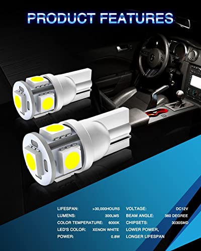 Image of Marsauto 194 LED Bulb 6000K White 168 T10 2825 W5W 5SMD Replacement Bulbs for Car Dome Map Door Courtesy Side Marker Reading Glove Box License Plate Lights (Pack of 10)(Clear Lens Side Marker)