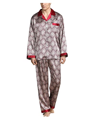 Moonetto Men's Classic Print Silky Smooth Satin Pajama Set Long Sleeve Sleepwear