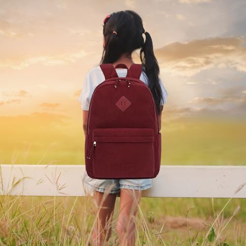 Corduroy Backpack for Girls, Kids Teens Elementary Middle High School Bags Women College Bookbags Travel Daypacks (Wine)2