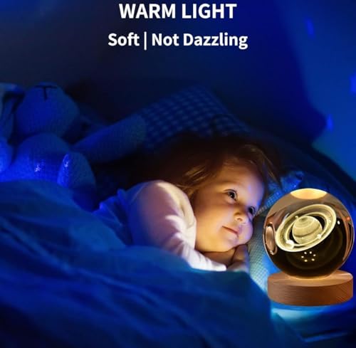 Image of STARKENDY3D Saturn Crystal Ball LED Night Lamp, Creative Engraved Night Light Wooden Base, Warm White Decorative Table Lamp for Home, Office, Bedroom, Birthday Gift