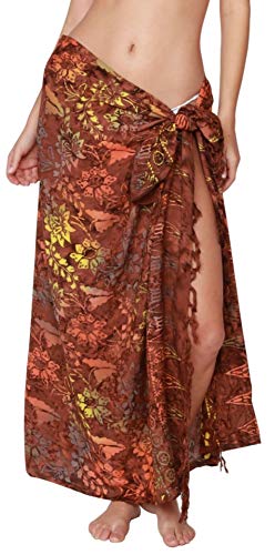 INGEAR Beach Long Batik Sarong Womens Swimsuit Wrap Cover Up Pareo with Coconut Shell Included (Brown Flower)
