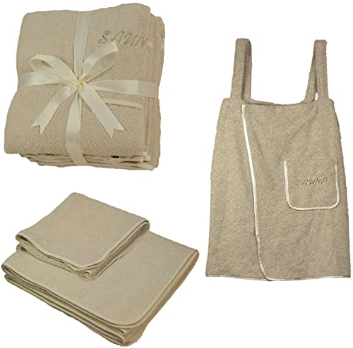 EXKLUSIV HEIMTEXTIL Sauna Set 3-Teilig Frottee Saunakilt Saunatuch Sarong Damen beige
