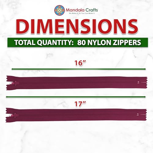 Image of Mandala Crafts 80 PCs Maroon Closed-End 16 Inches Nylon Zippers for Sewing