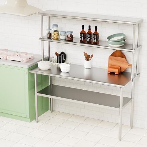 Image of Double Overshelf of Stainless Steel 12'' x 60'', Commercial 2 Tier Shelf for Prep & Work Table in Restaurant, Home and Kitchen (12x60)