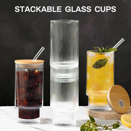 Image of Kamvy Ribbed Glass Tumbler with Wooden Lid & Straw Pack of 1, 400ml Multipurpose Drinking Water Glasses Coffee Sipper Mugs for Juice Smoothies Iced Tea Indoor & Outdoor Cup (Ribbed.)