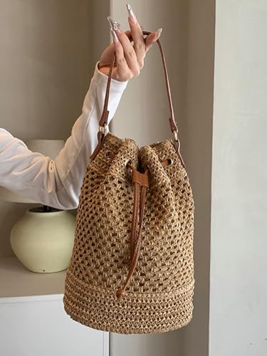 Womens Straw Bucket Bags Small Beach Shoulder Crossbody Purse Handmade Woven Totes Summer Drawstring Handbags2