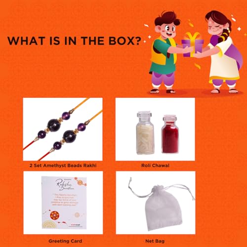 Image of Shubhanjali Crystal Beads Rakhi for Brother | Handmade Healing Crystal Stone Designer Rakhi for Bhaiya | Raksha Bandhan Gift Set with Roli Chawal, Kumkum, Greeting Card & Potli