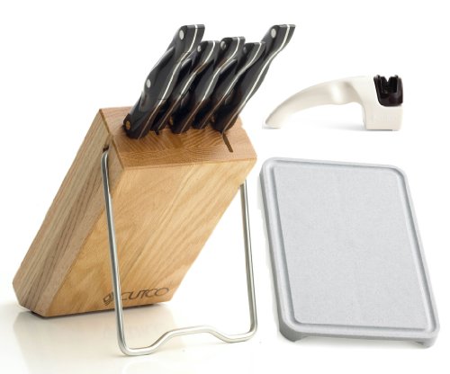 CUTCO Model 1847 Space Saver set includes 5 High Carbon Stainless knives, all in factory-sealed plastic bags.set also includes Honey Finish Oak Block, Sharpener, and 8" x12" Poly Prep Cutting board.