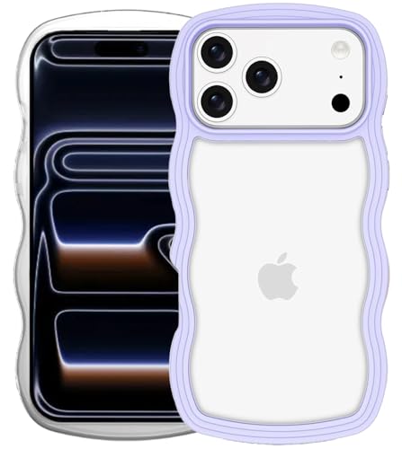 Image of GoldKart iPhone 17 Pro Case Wavy Edge Clear Back Design, Anti-Slip Grip Cute Wave Curly Frame Shape Shockproof Soft TPU & Hard PC Bumper Protective Phone Case Cover for Women Girls - Purple
