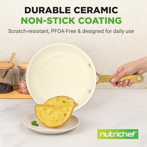 NutriChef 10-Inch Professional Ceramic Frying Pan - Medium Skillet with Golden Titanium Handle, Non-Stick Ceramic Coating, Stain-Resistant, Easy to Clean, Ideal for Home Cooking - Thumbnail 5