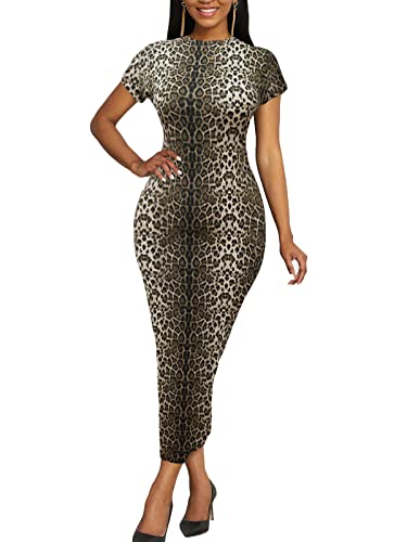 Image of Women's Long Bodycon Dresses Leopard Print Casual Maxi Club Party Tight Dress Short Sleeve