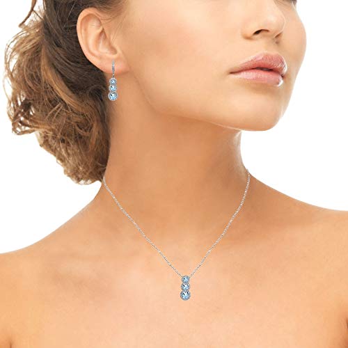 Sterling Silver Blue Topaz Journey Halo 3-Stone Pendant Necklace & Leverback Earrings Set For Women #TOP2