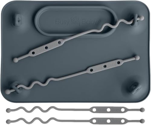 Image of BUSY BABY Silicone Mat - Suction Cups, 4 Straps to Secure Baby Essentials, Self Feeding, Baby Led Weaning, Travel Sleeve Included (Pewter)