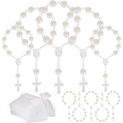 10 Set Baptism Party Favors Mini Rosary Beads Faux Pearls with Organza Bags for Christening Weddings First Communion Party Favors(Silver Rose)