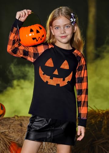 Image of BesserBay Girls Halloween Funny Plaid Graphic Shirt Long Sleeve Spooky Patchwork Raglan Top 5-14 Years