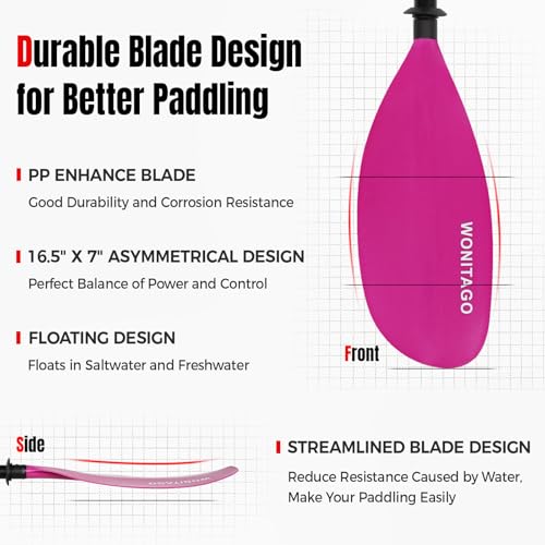 WONITAGO Kayak Paddles with Alloy Shaft and PP Blade, Floating Kayaking Oars, Adjustable 230-250 cm/90-98 Inches, Pink