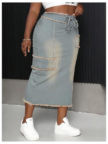 SweatyRocks Women's Plus Size Jean Midi Skirt Denim Raw Trim Lace Up Bodycon Skirts3