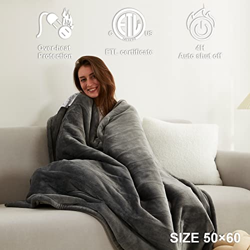 Eheyciga Heated Blanket Electric Blanket Throw - Heating Blanket With 5 Heating Levels & 4 Hours Auto Off, Soft Cozy Sherpa Washable Blanket With Fast Heating, 50 X 60 Inches, Grey #TOP4