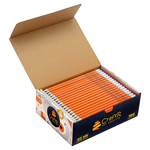 CraftR Pre Sharpened #2 HB Wood cased pencils in bulk, Graphite core, 180 pack, Latex free eraser, Ideal for School, College, Office supplies, Teachers, Students, Sketching, Drawing, Writing