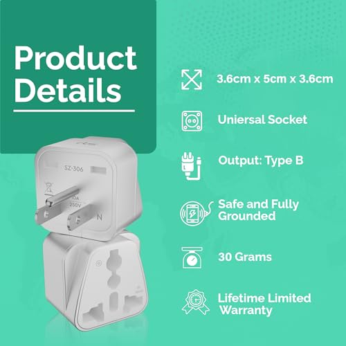 Image of rts India US Converter Plug, India to USA, Canada & More - Type B Universal Travel Adapter Plug Compatible India to USA, Canada, Mexico, Japan, Thailand, Brazil, Philippines, Cuba, Taiwan (White)