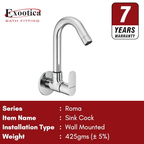 Image of Chrome Finish Silver Sink Cock | Wall Mounted Faucet for Kitchen & Utility Use - Sleek & Durable Design - Roma