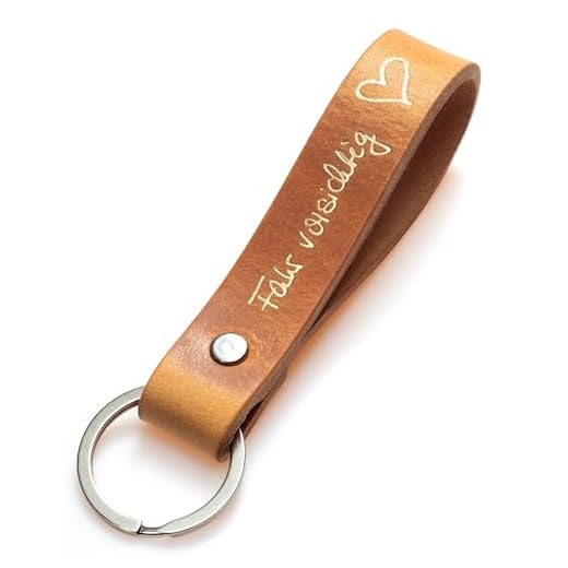 ELBERCRAFT® Schlüsselanhänger Leder Fahr vorsichtig Geschenk für Frauen oder Männer pflanzlich gegerbt braun mit gravur gold 12 cm made in Germany Leather Keychain