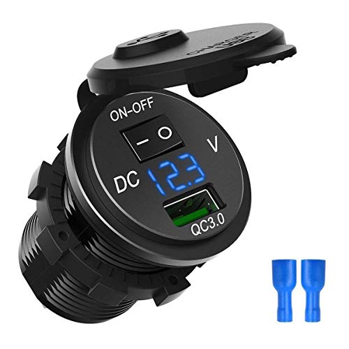 ZYTC Waterproof QC3.0 Car Charger USB Outlet Socket 12V/24V Blue LED Digital Voltmeter