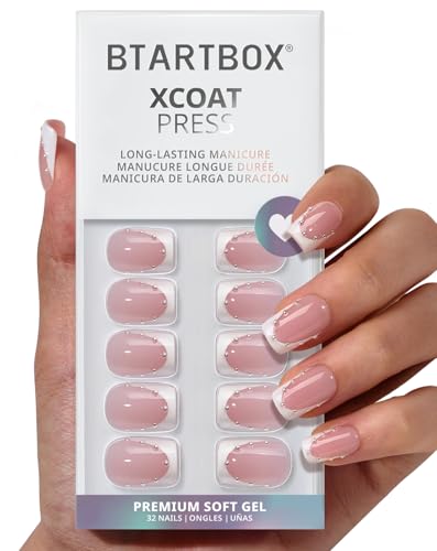 BTArtbox French Tip Press On Nails - Steadfast Vow Lamp-Curable 4-Week Wear Pink Short Square Press On Nails with Glue and Adhesive Tabs Easy-to-Apply in 16 Sizes - 32 Nails All-in-One Kit
