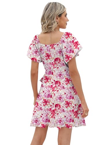 Image of Sampeel Womens Summer Dresses Square Neck Puff Sleeve Tie Waist Short Dress