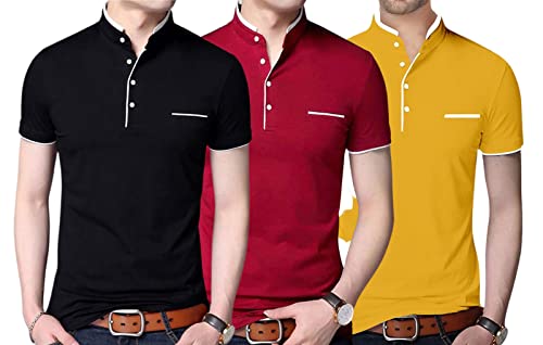 Image of Pixie Fashion Polycotton Mandarin Collar Half Sleeves Men's T-Shirts Combo (Pack of 3)