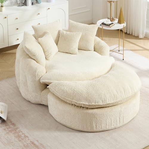 Image of 54 inch Round Chaise Lounge with Ottoman Big Bean Bag Round Sofa Bed Oversized Round Couch Boneless Reading Chair Comfy Plush Chenille Large Chaise Chair for Living Room, Apartment, Beige