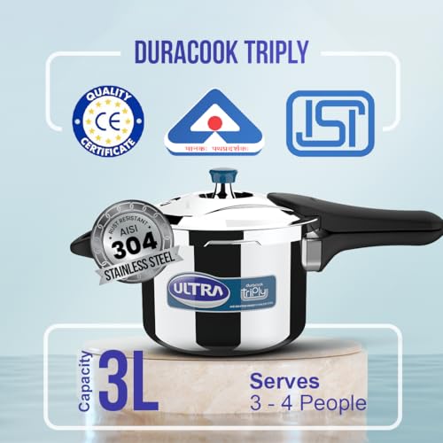 Image of Ultra Duracook Triply Pressure Cooker 3 Litre | AISI 304 Food Grade Stainless Steel Cooker | 5 Years Warranty | Injection Moulded Handles | Induction Compatible | 1.2 MM Lid Thickness | SCTS Base