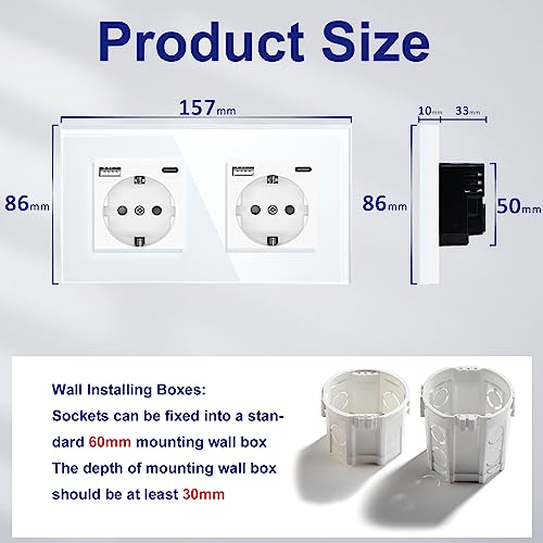 BSEED Doppelt Schuko Wand Steckdose mit USB & Typ C Glas 3 in 1 Unterputz Steckdosen 2 Weg mit 2.1 A USB Ladeleistung und Typ C Adapter… – Ansicht 4